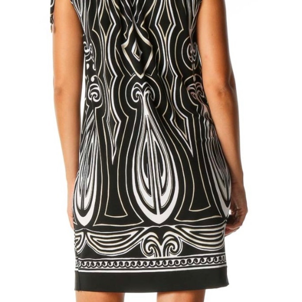 White House Black Market Black White & Tan graphic shift tie tank dress